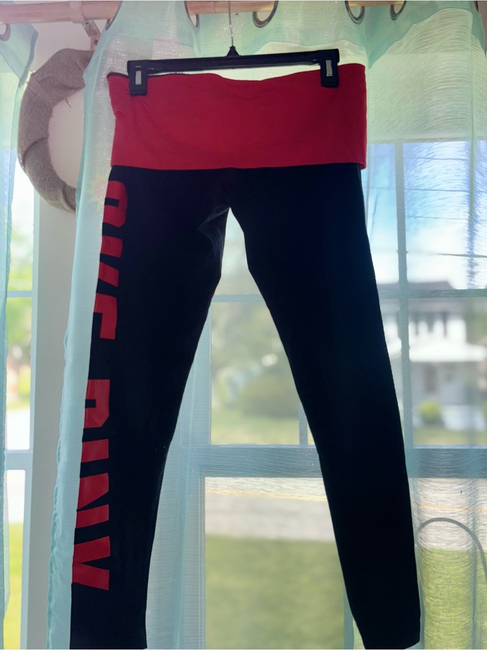 PINK Victoria's Secret Black Leggings with Red Fold-Over Waist & Side Logo